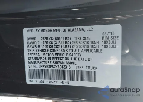 2019 Honda Ridgeline Black Edition из США, поврежденный, VIN 5FPYK3F87KB013318